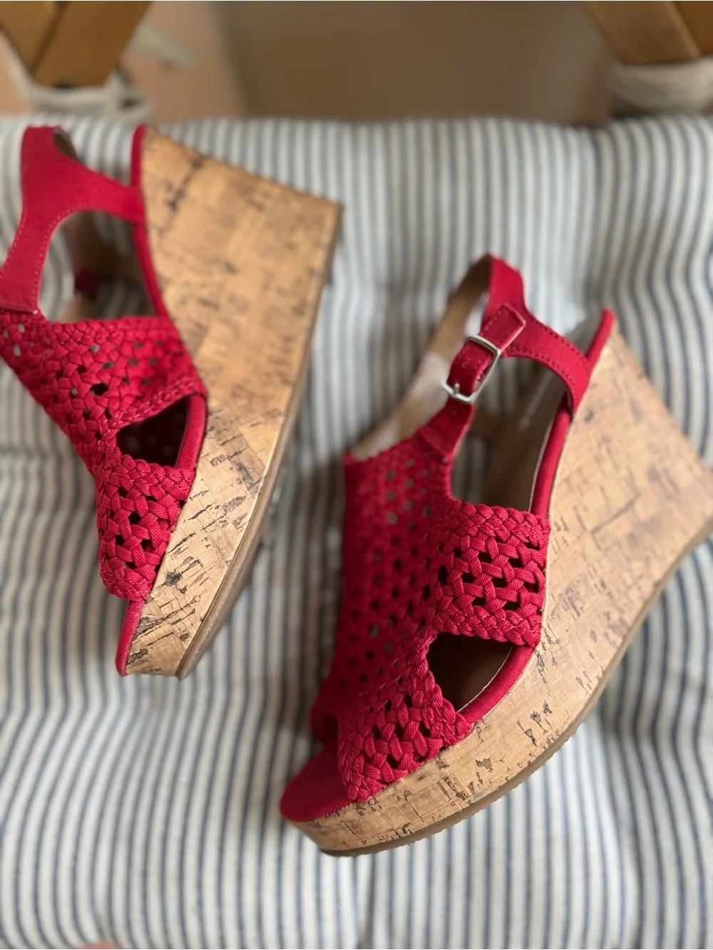 Sonoma Red Woven Crochet Cork Wedge Ankle Strap Platform Sandals Size 7.5